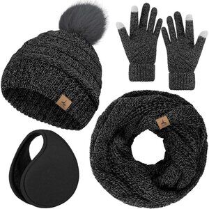 Women Black Gray Mix  Knit Beanie Hat, Gloves, Scarf & Ear Warmer Set - Winter